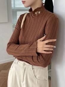 FRIFUL Của phụ nữ Thêu hoa Đứng cổ áo Áo thun - màu nâu - Xem 1