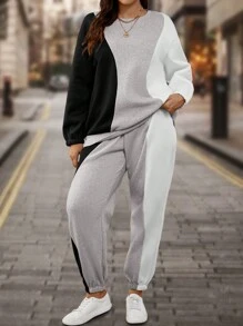 SHEIN LUNE 加大尺碼彩色拼接運動服套裝 - 彩色 - 查看 4