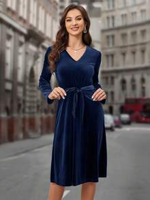 EMERY ROSE 女款純色v領長袖束腰帶連身裙 - 藏蓝色 - 查看 4