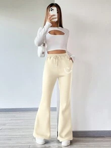 SHEIN Essnce 女式弹性腰部卡通图案喇叭裤，带保暖内衬 - 杏色 - 查看 6