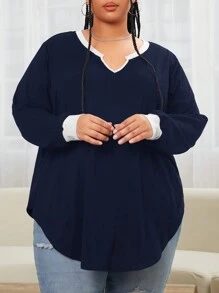 SHEIN CURVE+ Kích thước lớn Của phụ nữ Viền tương phản Cổ có Lỗ hổng Áo thun - Màu xanh hải quân - Xem 3