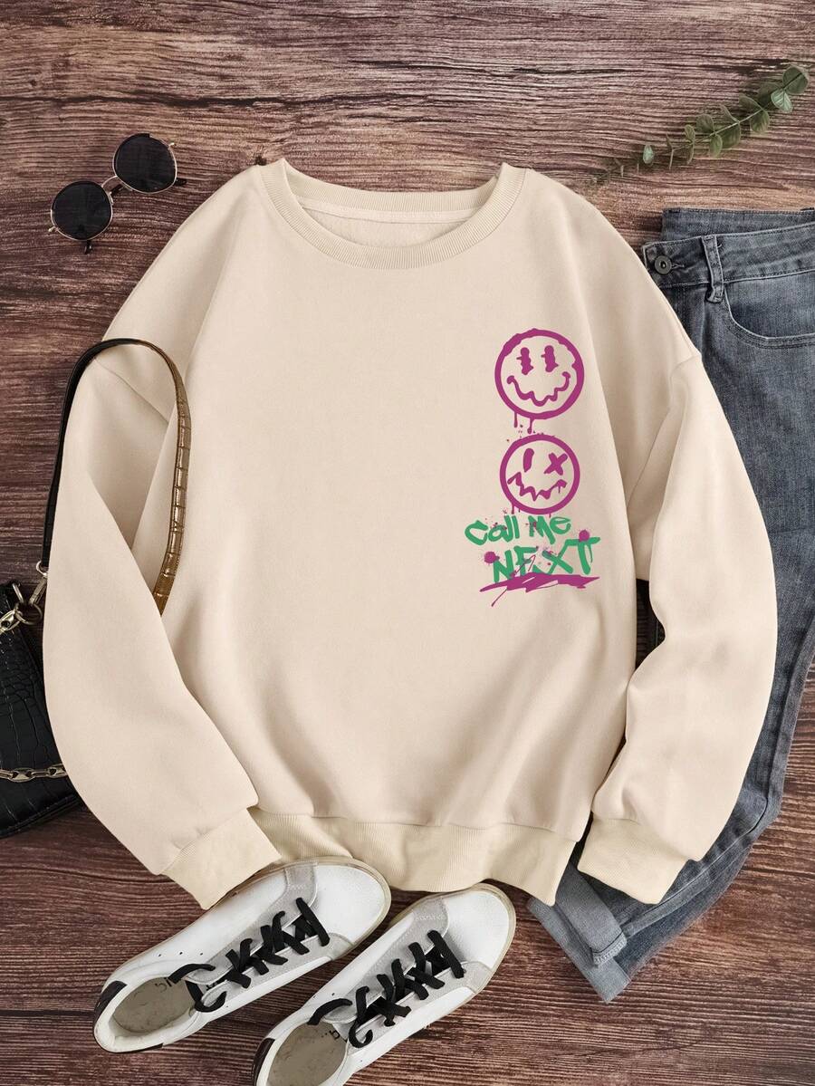 SHEIN LUNE 女款抓絨運動衫,印有笑臉和標語 - 杏色 - 查看 1