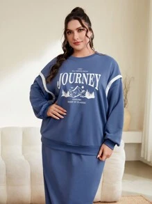 Mulvari Women's Plus Size Letter And Mountain Print Two Piece Set - Blue - View 6