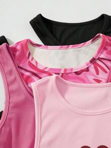 SHEIN Unity 4 件套心形印花抽绳侧背心图案 T 恤女式上衣 - 彩色 - 查看 4