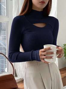 DAZY Solid Color Hollow Turtleneck Sweater,Long Sleeve Tops,Fall Clothes - Navy Blue - View 3