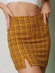 SHEIN 格子印花后拉链半身裙 - 黃色 - 查看 4