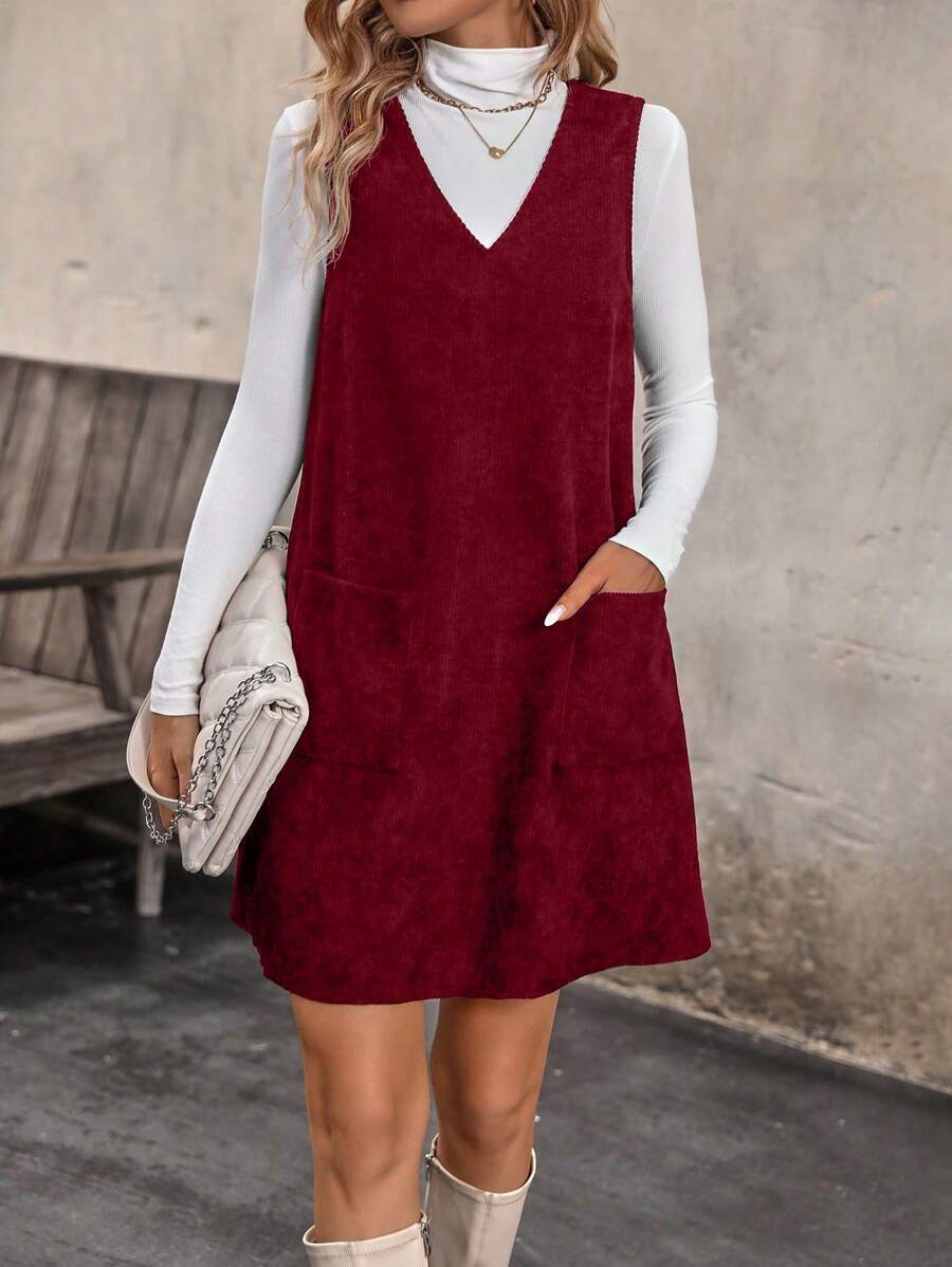SHEIN LUNE Vestido Para Mujer Con Bolsillos Sólido En Colores Y Detalles Cosidos - Rojo - Ver 1