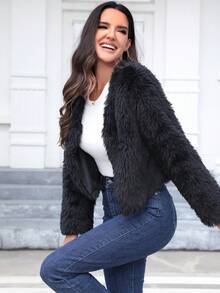 女士纯色仿皮草夹克，秋冬时尚