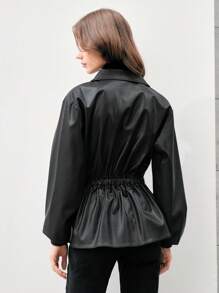 Anewsta Ladies Lapel Waisted Zip Fly Long Sleeve Jacket - Black - View 2