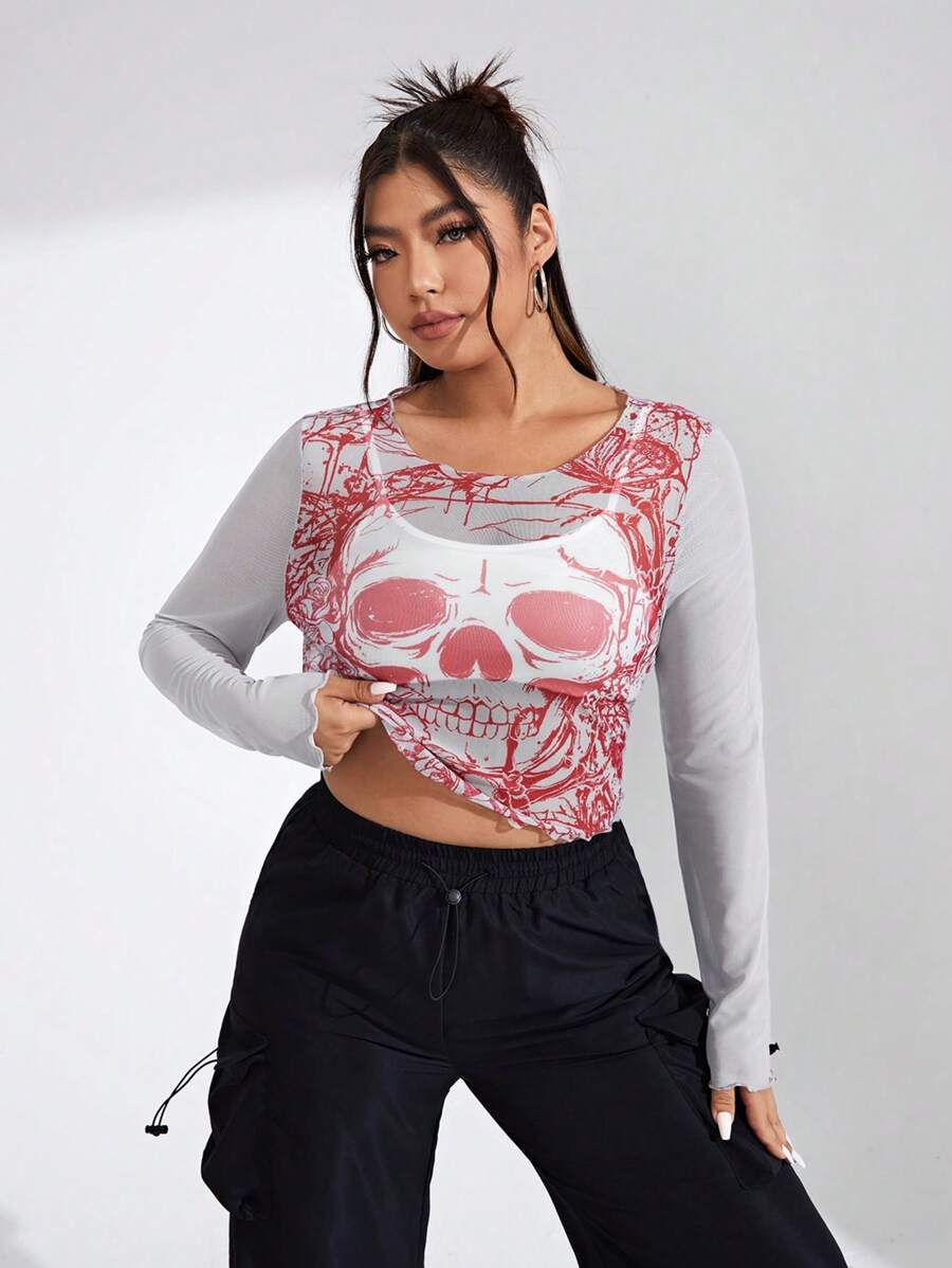 SHEIN EZwear Kích thước lớn Lưới trong suốt Áo Với In Đầu lâu - Màu Đỏ Sâu - Xem 1