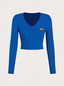 SHEIN Coolane 毛織女士t恤,字母圖案 - 寶藍色 - 查看 1