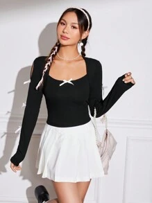 SHEIN MOD 女用蝴蝶結裝飾長袖 T 卹 - 黑色 - 查看 3