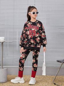 Cô gái Đúng mốt Người yêu Dệt kim Hoa In Vòng cổ Tay áo dài Áo nỉ Và Xà cạp Bộ - Nhiều màu - Xem 1