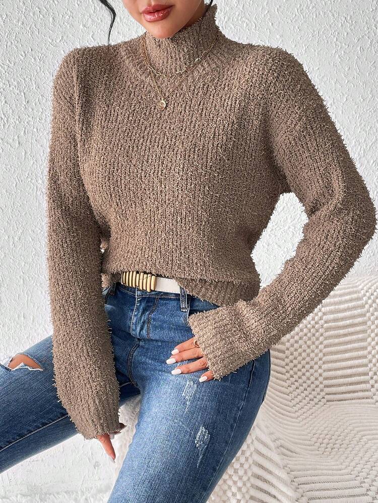 High Neck Drop Shoulder Knit Pullover Fall Winter Sweater
