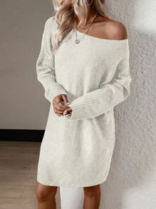 SHEIN Frenchy Của phụ nữ Ngắn Thả vai Đầm Áo len - trắng - Xem 3