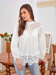 Anewsta 女士長袖蕾絲拼接襯衫 - 白色 - 查看 6