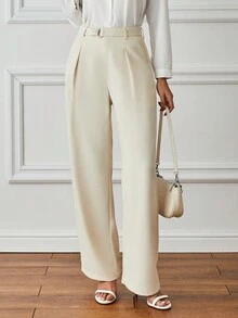 SHEIN Essnce Women's Slight Pleated Straight Leg Pants - Apricot - View 4