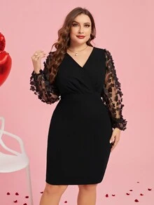 SHEIN Clasi Plus Size Women's Floral Applique Mesh Lantern Sleeve Dress - Black - View 4