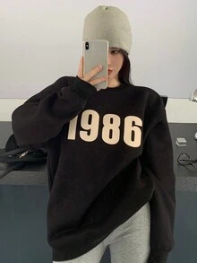 Sudadera Con Cuello Redondo, Con Estampado 1986, Atemporal Y Casual Para Mujer En Otoño E Invierno - Negro - Ver 1