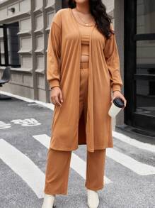 Flirla Conjunto Feminino De Três Peças De Cor Sólida De Tamanho Grande - Caqui - Ver 5