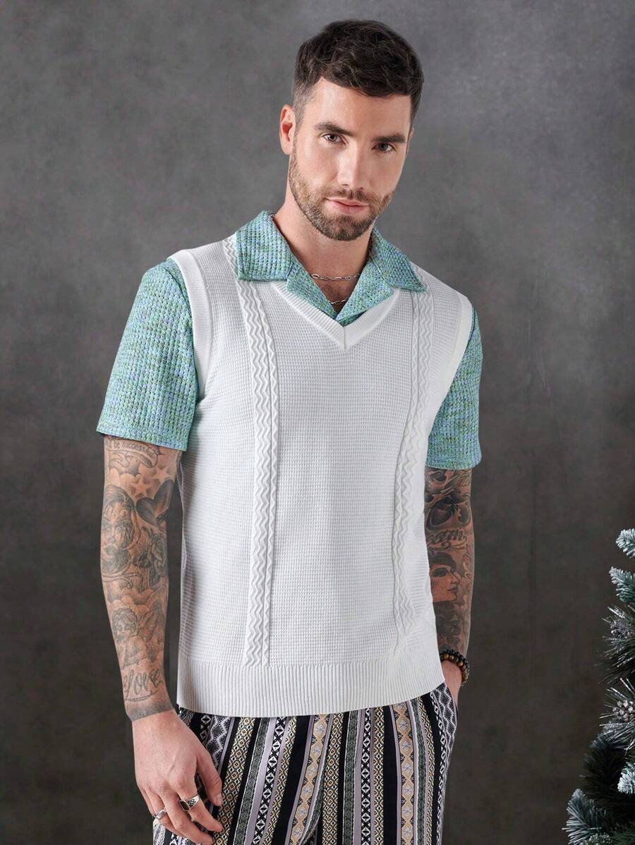 Mainfolk Men's V-neck Sweater Vest Without Shirt Inside - White - View 1