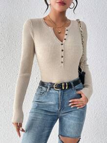 SHEIN Essnce Ribbed Knit Half Button Front Sweater,Long Sleeve Tops In Fall/Winter - Apricot - View 5