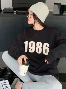 Sudadera Con Cuello Redondo, Con Estampado 1986, Atemporal Y Casual Para Mujer En Otoño E Invierno - Negro - Ver 3