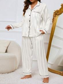 LuxeNights Plus Size Pajama Sets Kantong Striped - Putih - View 2