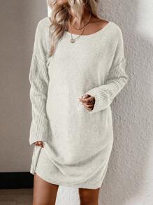 SHEIN Frenchy Của phụ nữ Ngắn Thả vai Đầm Áo len - trắng - Xem 6