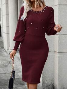 SHEIN Clasi 鑲珠燈籠袖緊身毛衣連衣裙 - 酒紅色 - 查看 3