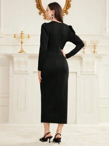 Modelyn Vestido De Manga Abullonada Con Decoración De Cuentas Para Mujeres - Negro - Ver 2