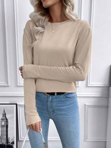 SHEIN LUNE 女式純色t卹 - 卡其色 - 查看 4