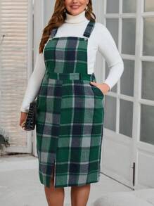 SHEIN LUNE Plus Size Casual Plaid Overall Dress For Autumn & Winter - Green - View 4