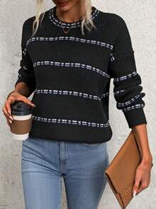 EMERY ROSE Women's Striped Drop Shoulder Sweater - Black - View 4