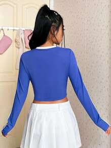 SHEIN EZwear Camiseta De Manga Larga Con Estampado De Letra De Bloques De Color
