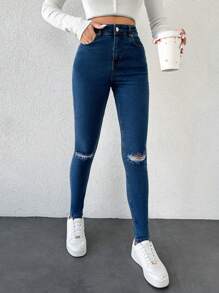 RueChic 女裝修身撕裂牛仔褲 - 霧霾藍 - 查看 4