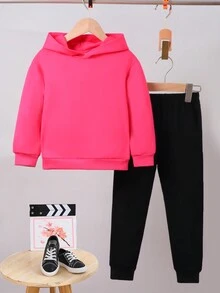 SHEIN 小女孩長袖小汽車&字母印花寬鬆連帽運動衫和褲套裝,春秋季節 - 玫紅色 - 查看 3