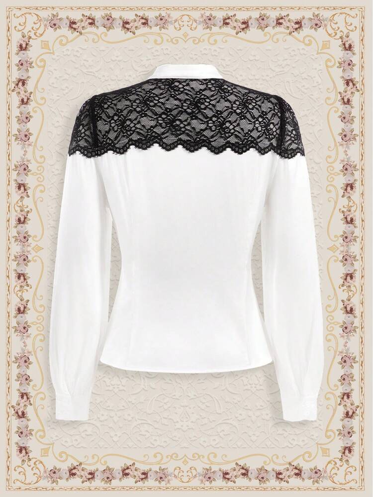 Retro Elegant Women Lace Patchwork Stand Collar Long Sleeve Shirt, Autumn/Winter & New Year
