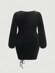 SHEIN MOD Plus Size Elastic Waistband Pleated Square Neck Lantern Sleeve Dress - Black - View 2