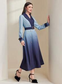 Modelyn 女裝漸變色披肩領鈕扣細節包裝裙 - 藍色 - 查看 4