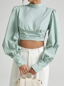 SHEIN Essnce Camisa De Manga Farol Con Diseño De Nudo En La Espalda Para Mujer - verde menta - Ver 5