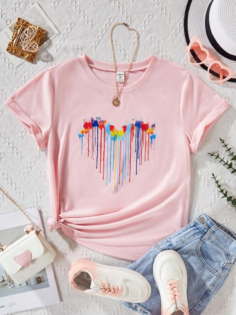 Teen Girl Comfortable Multicolor Ombre Print T-Shirt - Pink - View 1