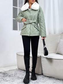 SHEIN Unity Women's Collar Belted Padded Padded Coat Clothes Winter - Green - View 5