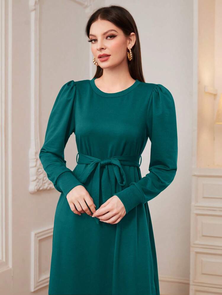 Puff Sleeve Belted Sweatshirt Dress Pullover Fall Outfit