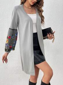 SHEIN LUNE Flower Mesh Contrast Cardigan Fall Cloth For Women - Light Grey - View 3
