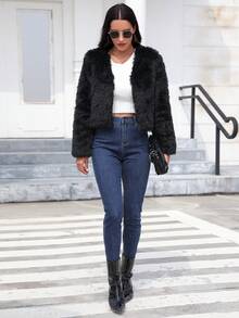 女士纯色仿皮草夹克，秋冬时尚