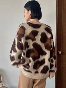 FRIFUL Women's Leopard Print Drop Shoulder Sweater,Ladies Late Fall Casual Long Sleeve Loose Coffee Brown Drop Shoulder Pullovers Women Sweaters,Long Sleeve Tops - Coffee Brown - View 2