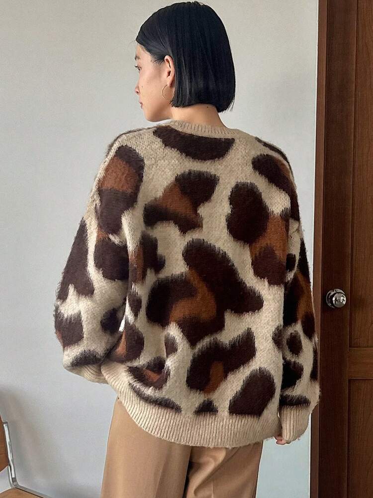 Women's Leopard Print Drop Shoulder Sweater,Ladies Late Fall Casual Long Sleeve Loose Coffee Brown Drop Shoulder Pullovers Women Sweaters,Long Sleeve Tops