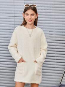 SHEIN Cô gái Dệt kim Màu thuần Sang trọng Vòng cổ Lỏng lẻo Đầm - trắng - Xem 6