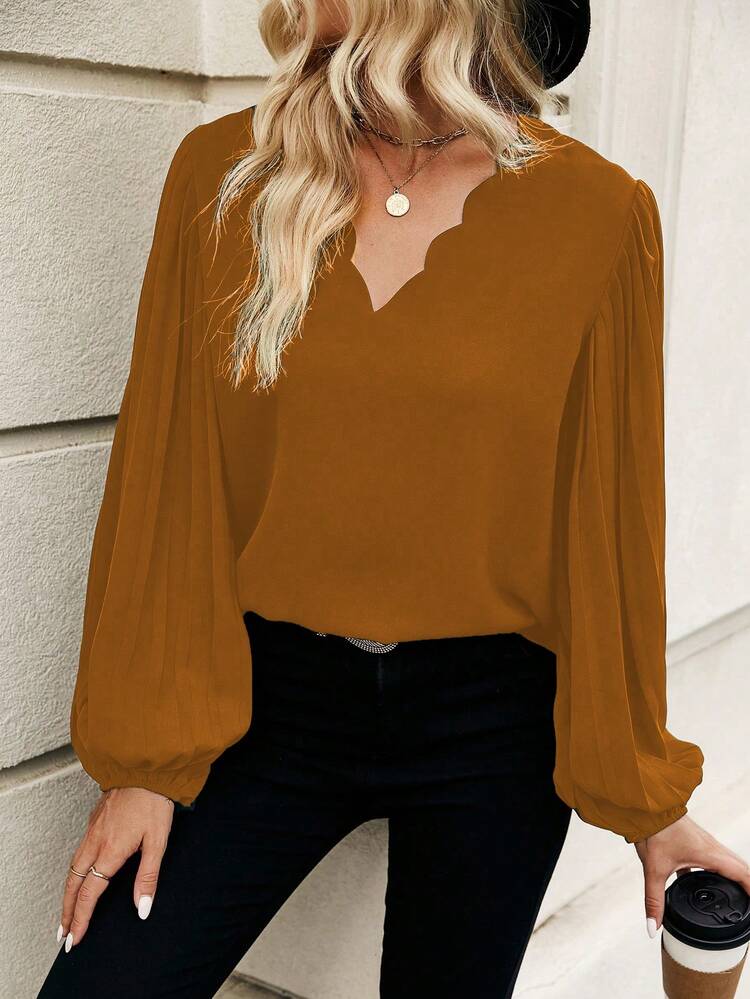 Solid Color Scallop Hem Collar Shirt